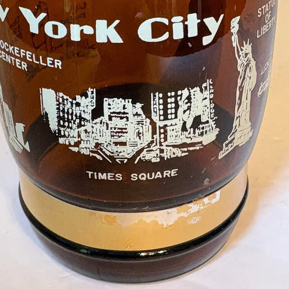 Vintage New York City NYC Souvenir Brown Glass Barrel Mug Wood Handle